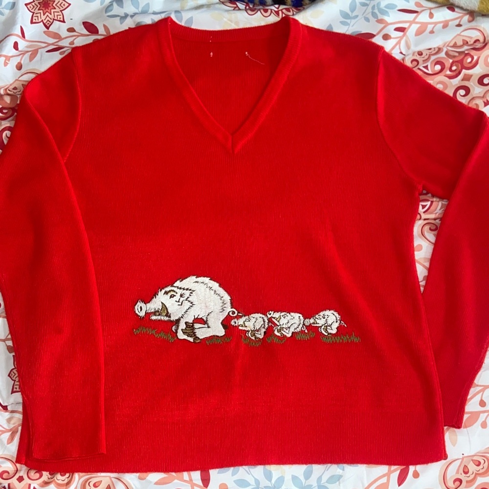 VTG 70s LEROY RAZORBACKS Appliqué Embroidered HOGS Red Unisex Sweater S/M
